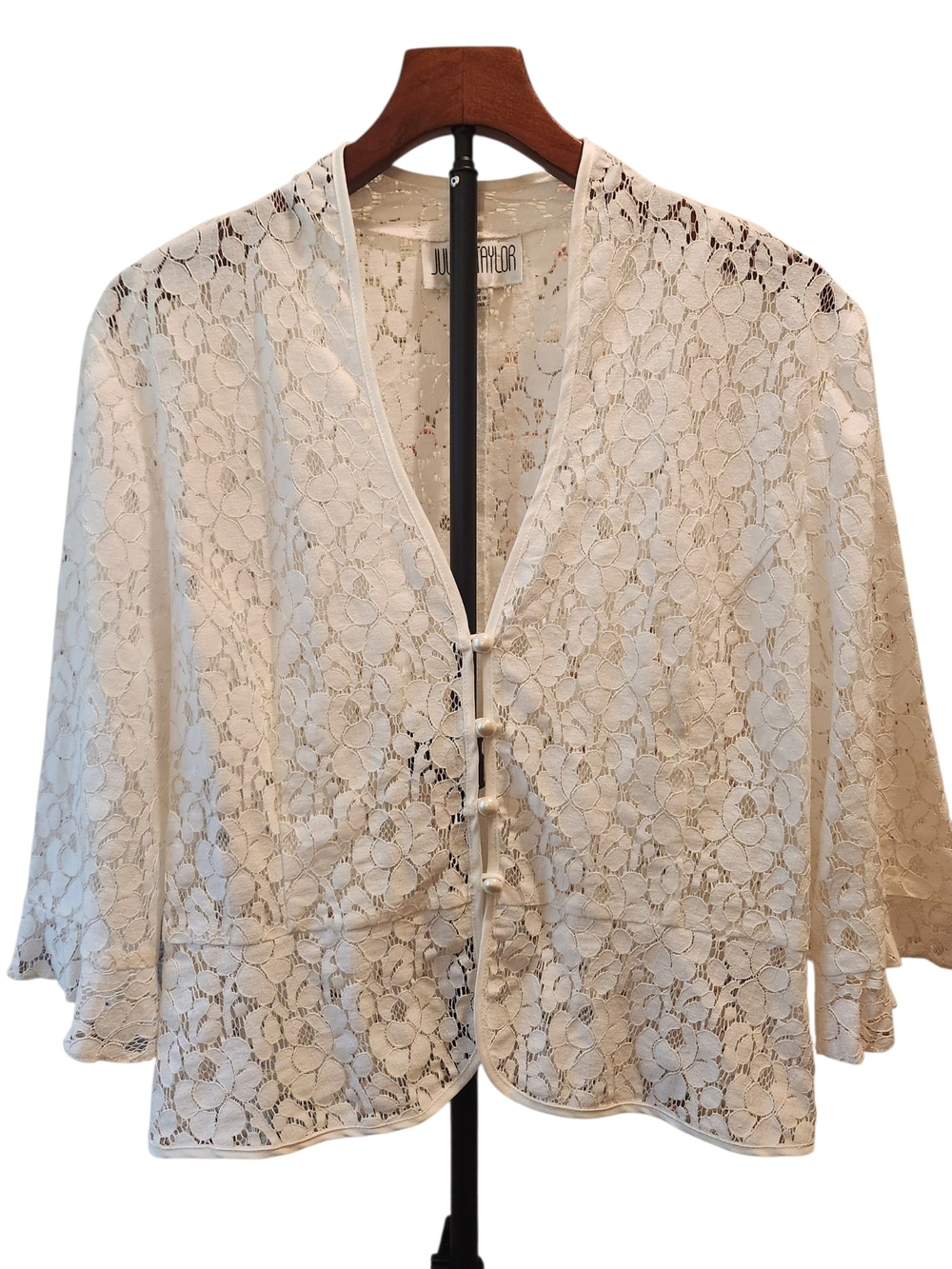 Size 16- Julian Taylor White, Slightly Cropped, Lace Button Front Jacket Blouse.